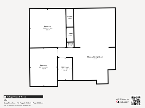 Floor plan for 2 beds, 1 bath, 828 sqft